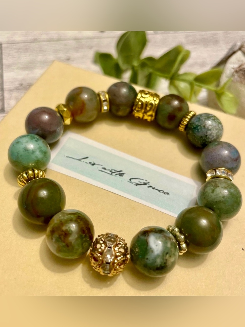 Green  12mm Agate Bracelet with Gold and CZ Accents handmade, faceted, stretch